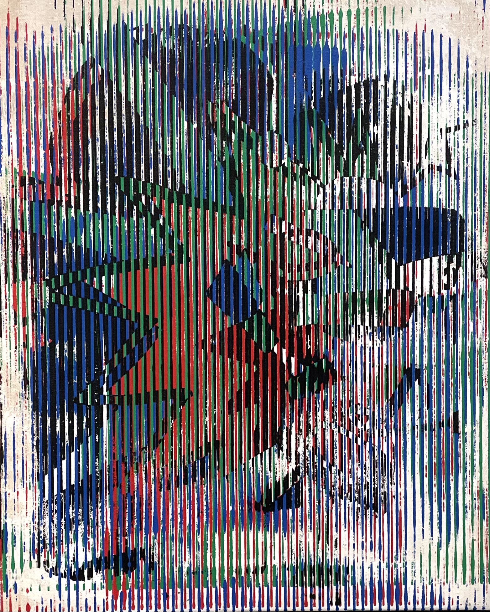 Abstract glitch art with vertical stripes and fragmented shapes