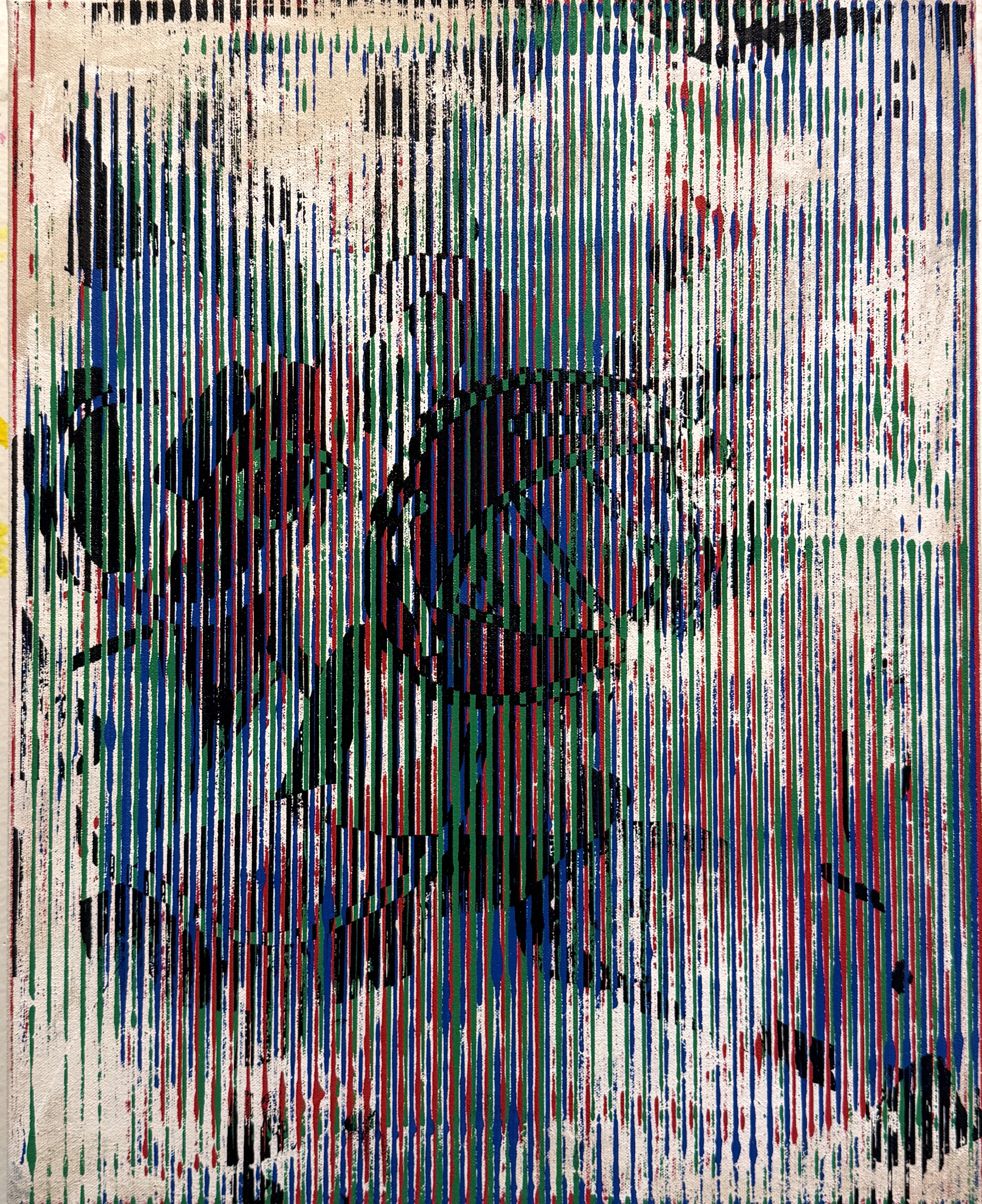 Vertical lines with dark abstract shapes