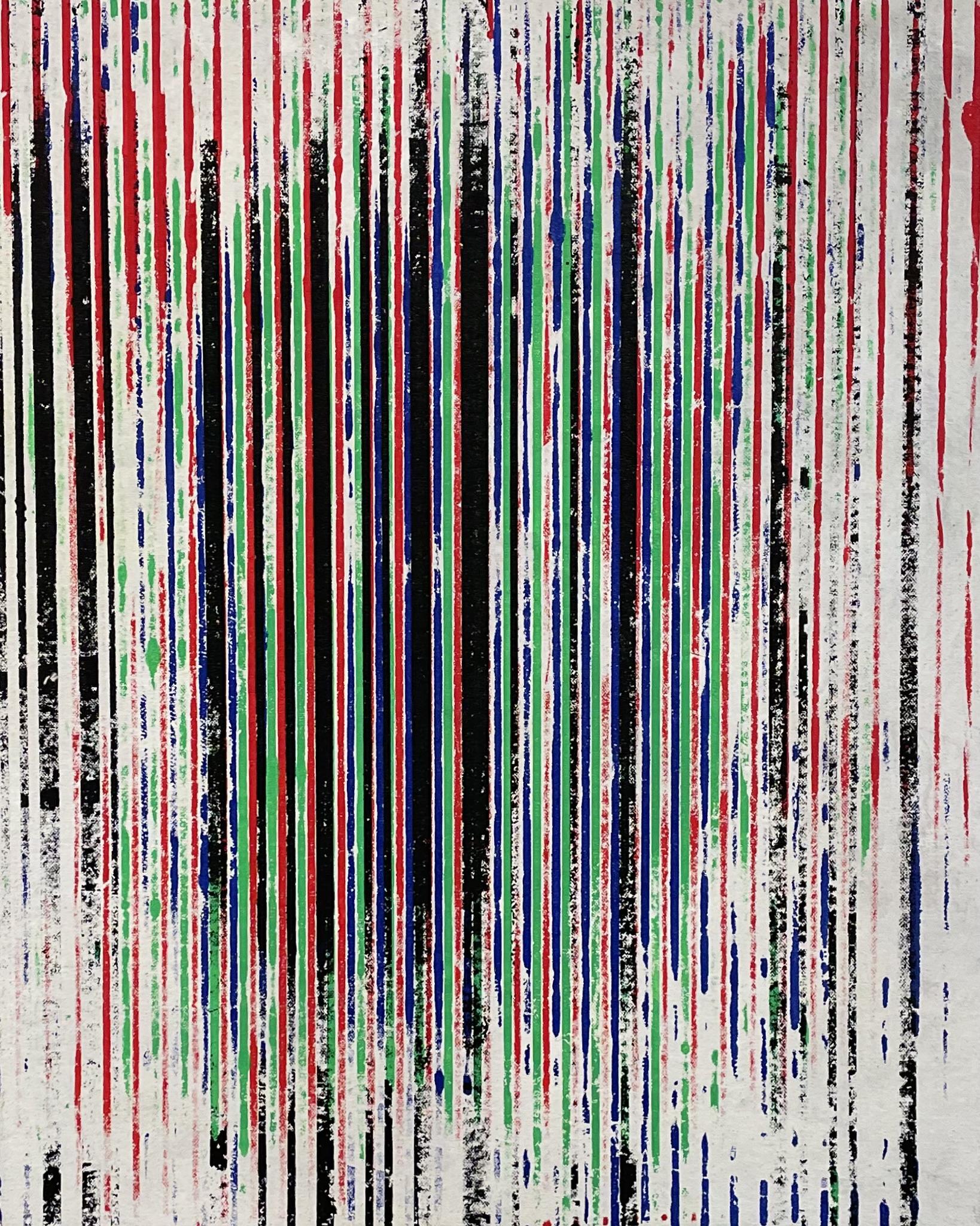 Hand-painted vertical stripes in black, green, red, and blue